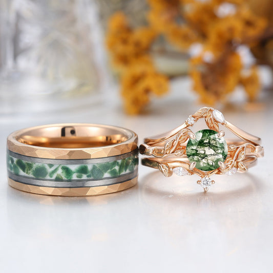 Unique Round Cut Moss Agate Leaf Couples Ring Set 4pcs Moss Agate Band For Men And Women