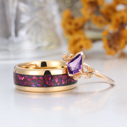 Vintage Kite Cut Amethyst Nature Inspired His And Hers Ring Purple Amethyst Couples Ring
