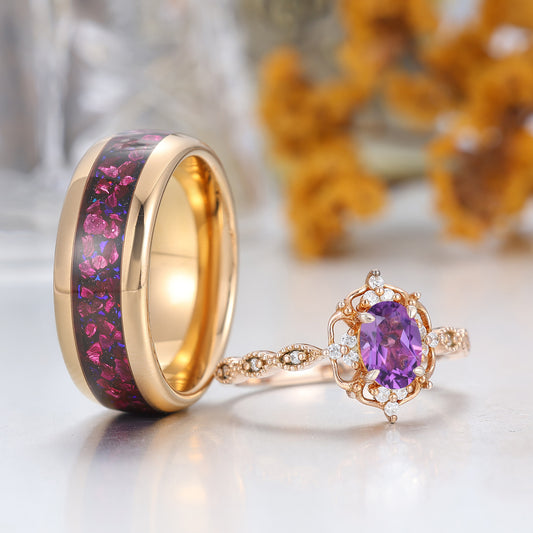Retro Oval Natural Amethyst Filigreed Couple Ring Set Purple Amethyst Tungsten His And Hers Rings