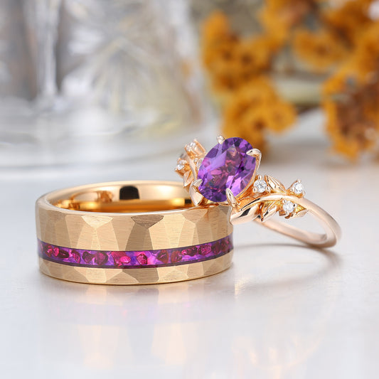 Natural Purple Amethyst Twig Leaf Inspired Couples Ring Set Amethyst Rings For Him And Her