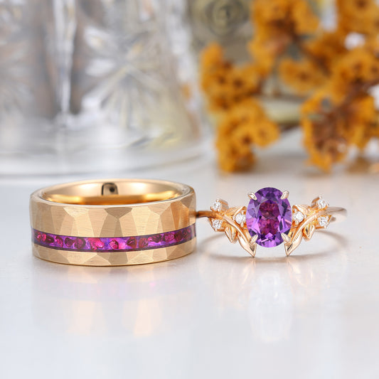 Natural Purple Amethyst Twig Leaf Inspired Couples Ring Set Amethyst Rings For Him And Her