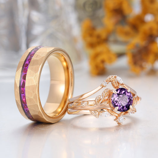 Vine Leaf Design Natural Purple Amethyst Couples Ring S925 And Tungsten His And Hers Rings