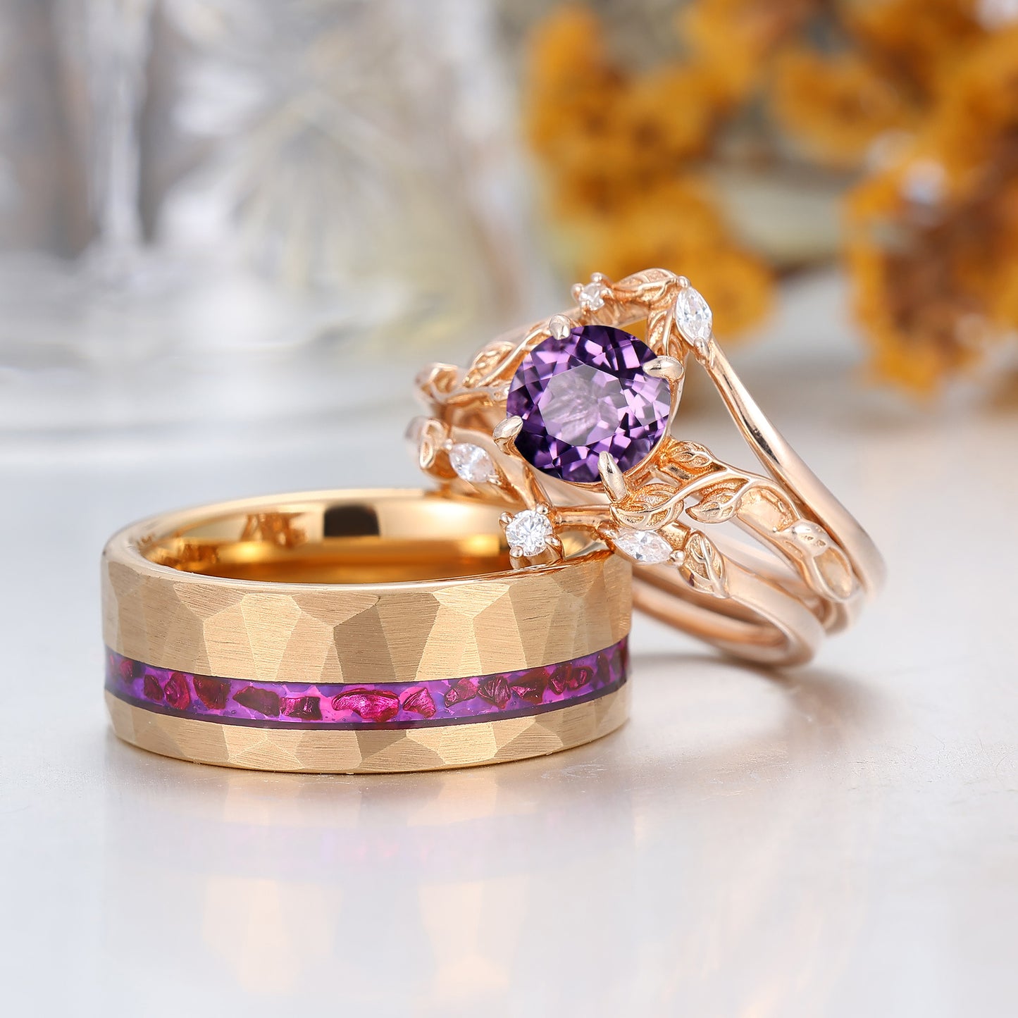 Vine Leaf Design Natural Purple Amethyst Couples Ring S925 And Tungsten His And Hers Rings