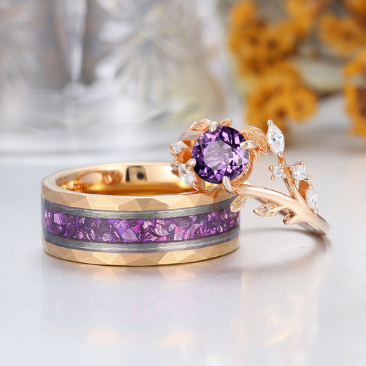 Artsy Purple Amethyst Leaf Floral Couples Ring Set Nature Inspired Matching Rings For Women And Men