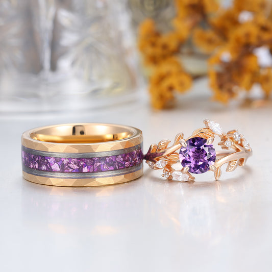 Artsy Purple Amethyst Leaf Floral Couples Ring Set Nature Inspired Matching Rings For Women And Men