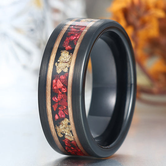 Black Plated Ruby Gold Foils Inlay Tungsten Wedding Band Unisex Birthday Ring
