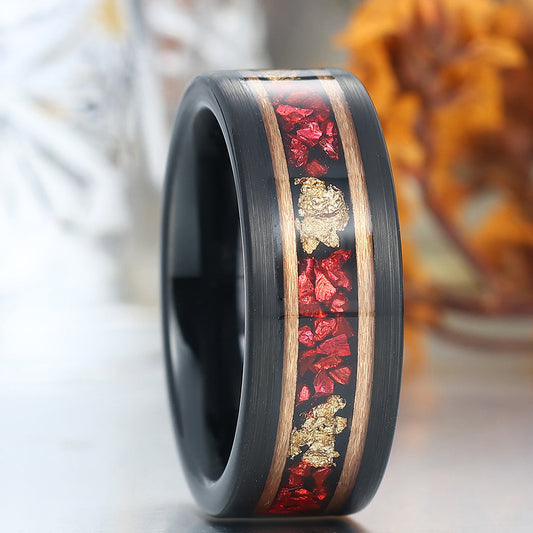 Black Plated Ruby Gold Foils Inlay Tungsten Wedding Band Unisex Birthday Ring