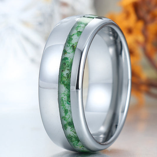 8mm Polished Dome Natural Moss Agate Tungsten Men's Ring Silver Anniversary Ring