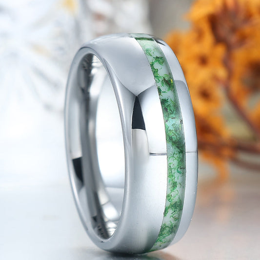8mm Polished Dome Natural Moss Agate Tungsten Men's Ring Silver Anniversary Ring
