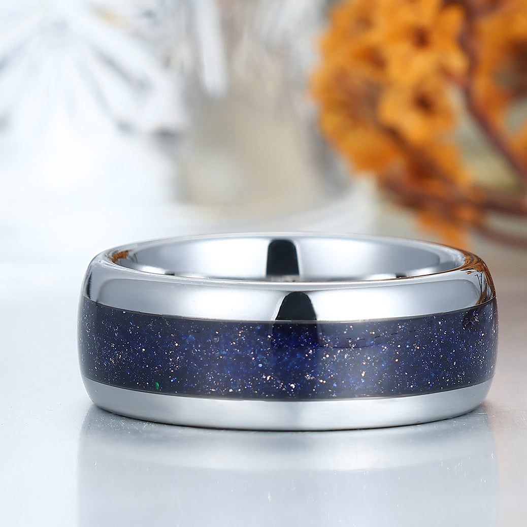 Minimalist Blue Sandstone Men's Tungsten Band Polished Dome Birthday Ring