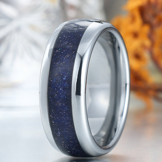 Minimalist Blue Sandstone Men's Tungsten Band Polished Dome Birthday Ring