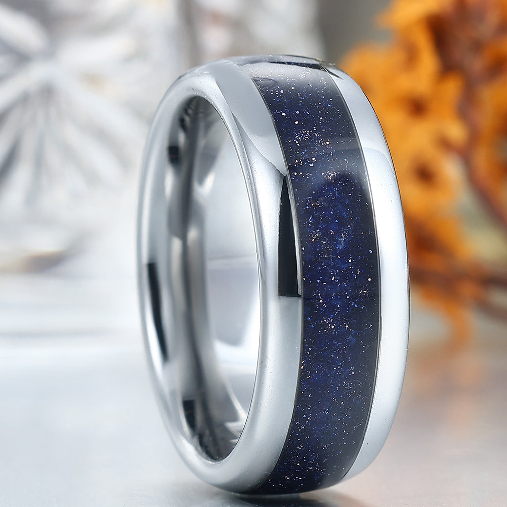 Minimalist Blue Sandstone Men's Tungsten Band Polished Dome Birthday Ring