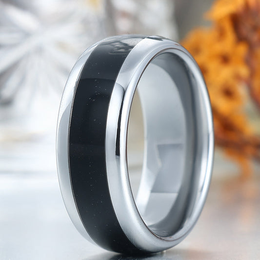 Minimalist Black Onyx Inlay Tungsten Ring Silver Plated Promise Anniversary Wedding Band