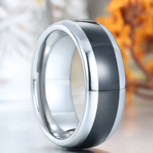 Minimalist Black Onyx Inlay Tungsten Ring Silver Plated Promise Anniversary Wedding Band