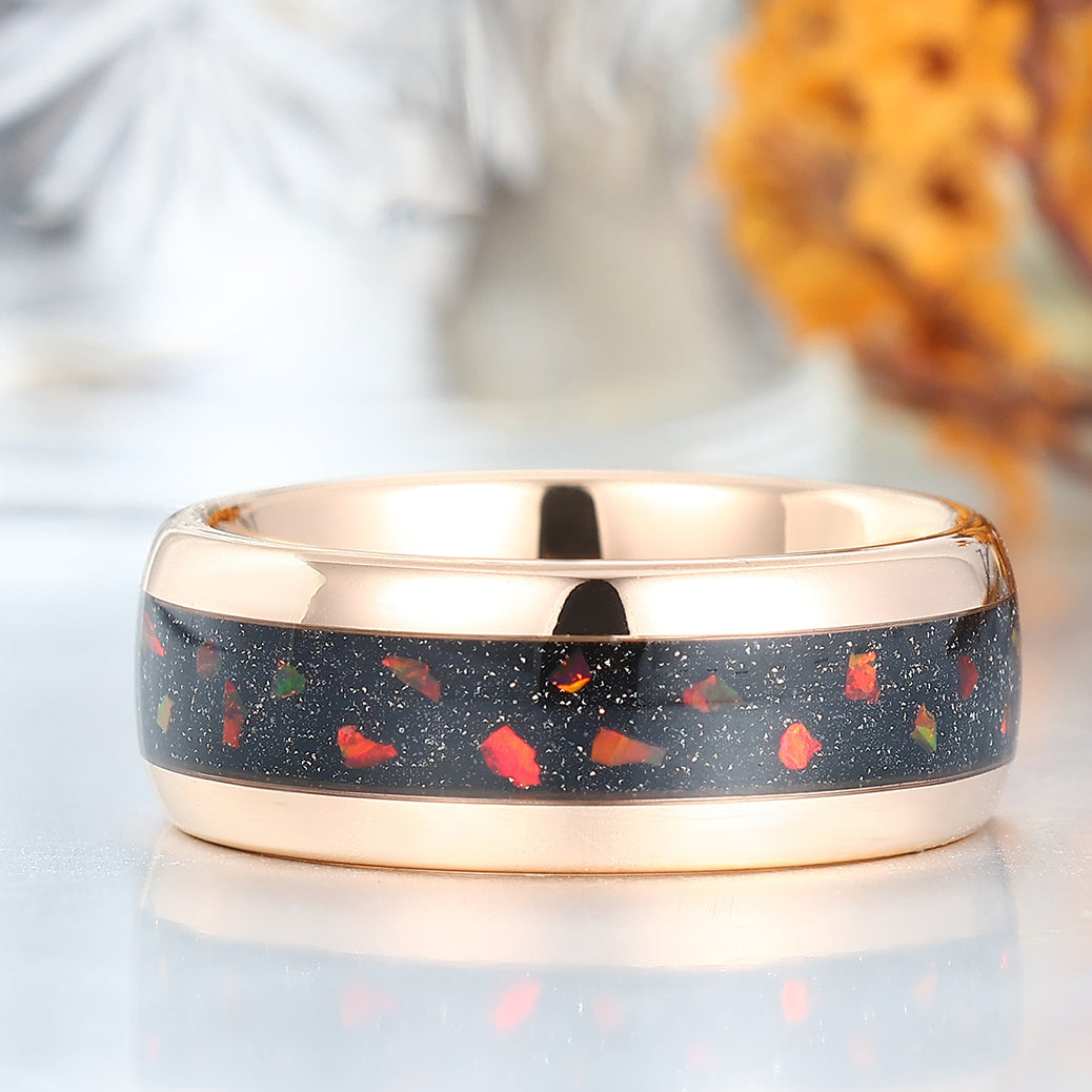 Stylish Fiery Opal Blue Sandstone Rose Gold Tungsten Promise Ring For Women And Men