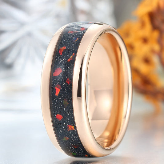 Stylish Fiery Opal Blue Sandstone Rose Gold Tungsten Promise Ring For Women And Men