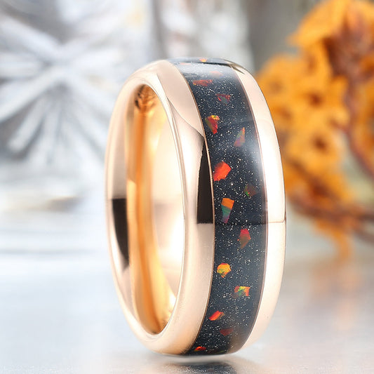 Stylish Fiery Opal Blue Sandstone Rose Gold Tungsten Promise Ring For Women And Men