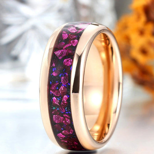 Polished Dome Amethyst Blue Sandstone Men's Ring Rose Gold Plated Tungsten Ring