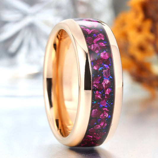 Polished Dome Amethyst Blue Sandstone Men's Ring Rose Gold Plated Tungsten Ring
