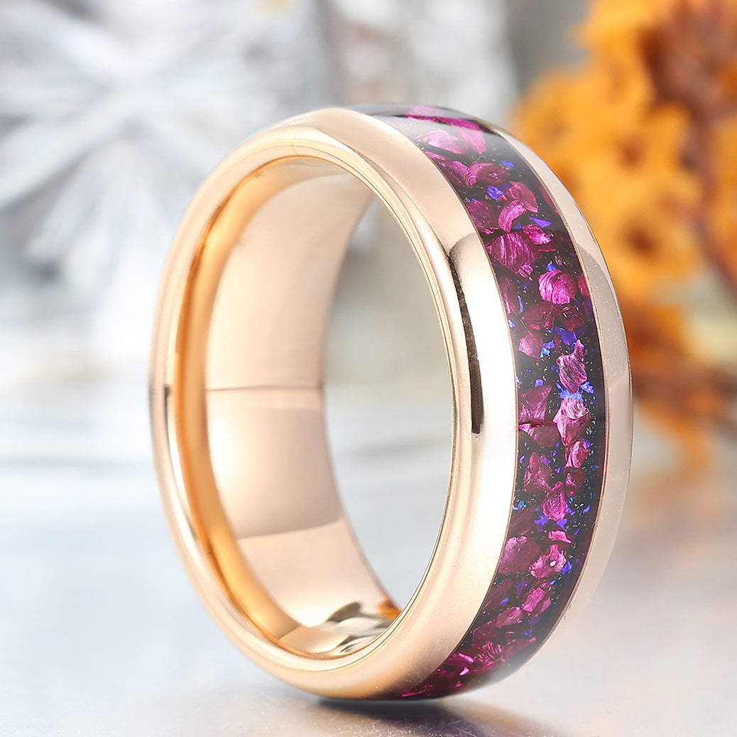 Polished Dome Amethyst Blue Sandstone Men's Ring Rose Gold Plated Tungsten Ring