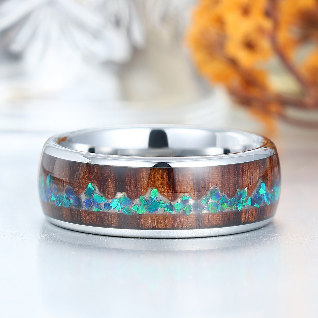 Peacock Green Opal Inlay Wood Tungsten Wedding Band Silver Plated Polished Birthday Ring