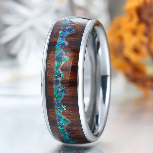 Peacock Green Opal Inlay Wood Tungsten Wedding Band Silver Plated Polished Birthday Ring