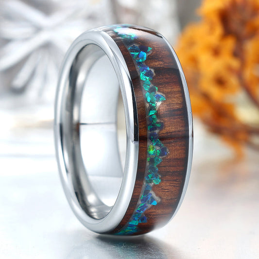 Peacock Green Opal Inlay Wood Tungsten Wedding Band Silver Plated Polished Birthday Ring