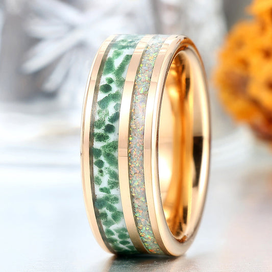 Moss Agate And Pink White Opal Inlay Tungsten Men's Ring Comfort Fit Promise Band