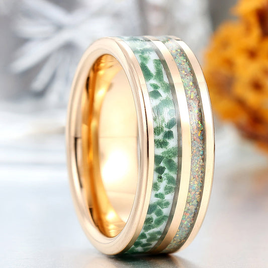 Moss Agate And Pink White Opal Inlay Tungsten Men's Ring Comfort Fit Promise Band