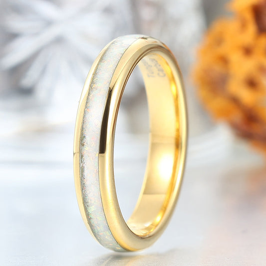 4mm Thin Band Pink White Opal Tungsten Wedding Ring Unisex Birthday Band