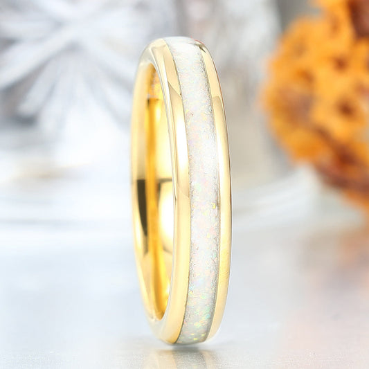 4mm Thin Band Pink White Opal Tungsten Wedding Ring Unisex Birthday Band
