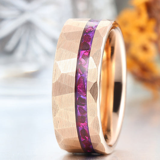 Purple Amethyst Men's Wedding Band 8mm Hammered Rose Gold Plated Tungsten Ring