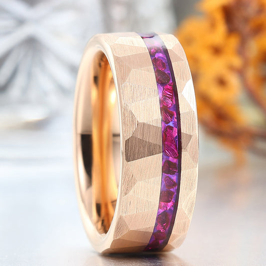 Purple Amethyst Men's Wedding Band 8mm Hammered Rose Gold Plated Tungsten Ring