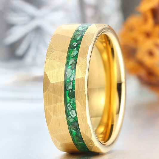 Yellow Gold Plated Emerald Inlay 8mm Wide Tungsten Ring For Men and Women