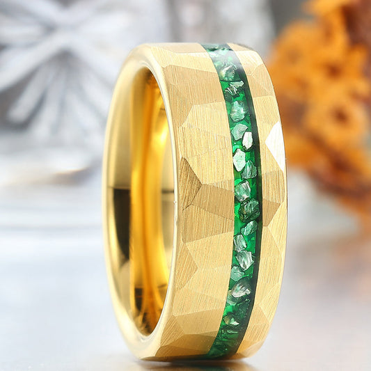 Yellow Gold Plated Emerald Inlay 8mm Wide Tungsten Ring For Men and Women