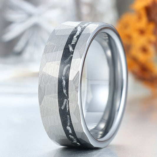 Crushed Meteorite Men's Wedding Band Silver Hammered Tungsten Promise Unisex Ring