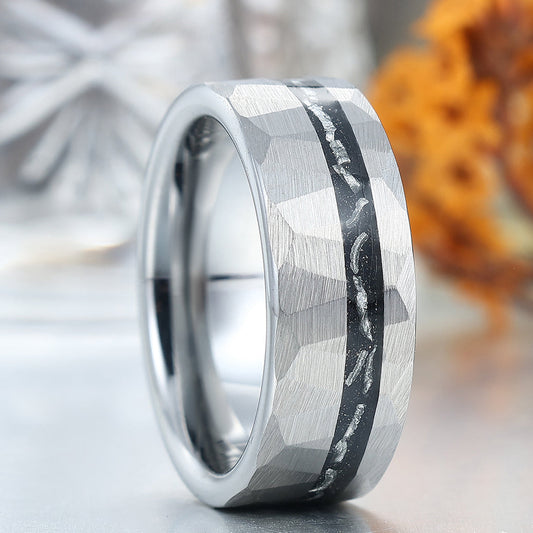 Crushed Meteorite Men's Wedding Band Silver Hammered Tungsten Promise Unisex Ring