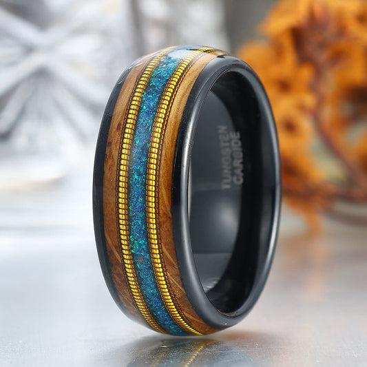 Blue Opal Double Barrel Wood Guitar String Inlay Men's Tungsten Ring Unisex Wedding Band