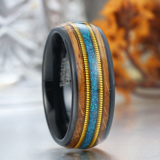 Blue Opal Double Barrel Wood Guitar String Inlay Men's Tungsten Ring Unisex Wedding Band