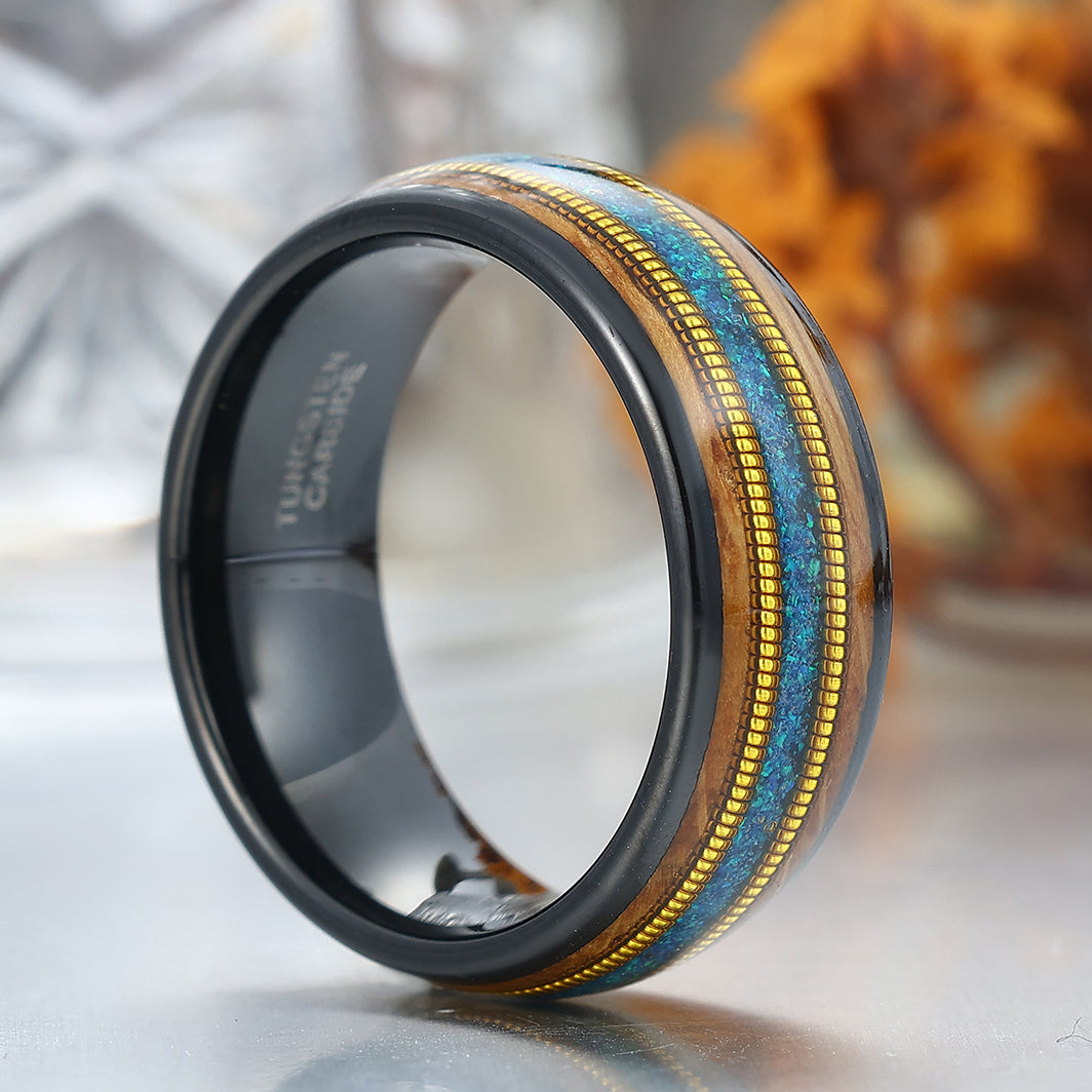 Blue Opal Double Barrel Wood Guitar String Inlay Men's Tungsten Ring Unisex Wedding Band