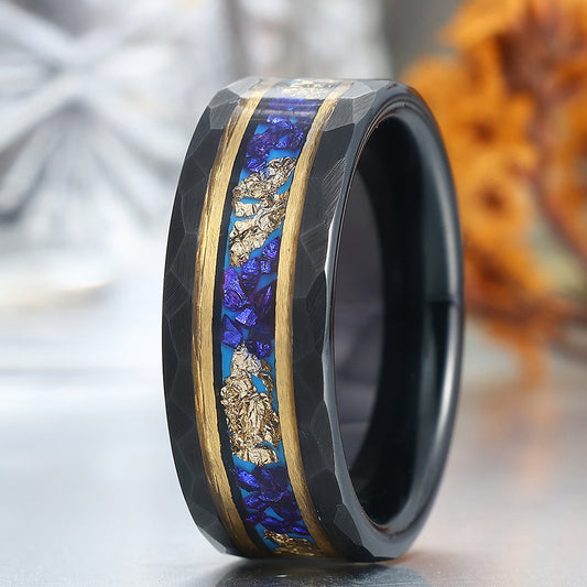 Men's Hammered Sapphire And Gold Foils Inlay Black Tungsten Carbide Wedding Band