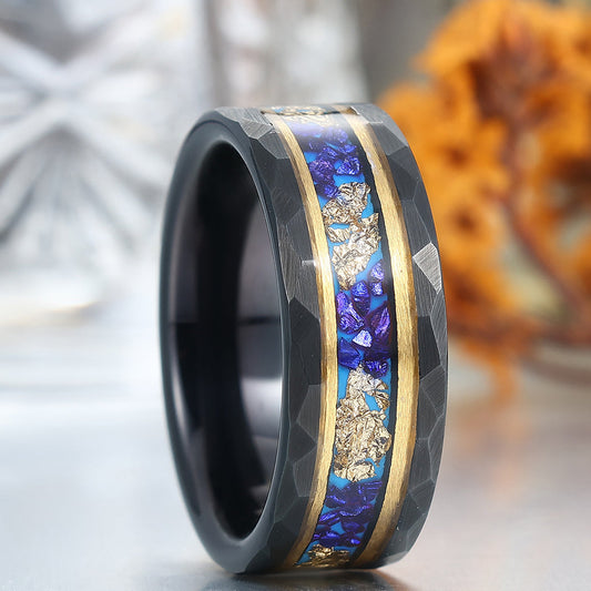 Men's Hammered Sapphire And Gold Foils Inlay Black Tungsten Carbide Wedding Band