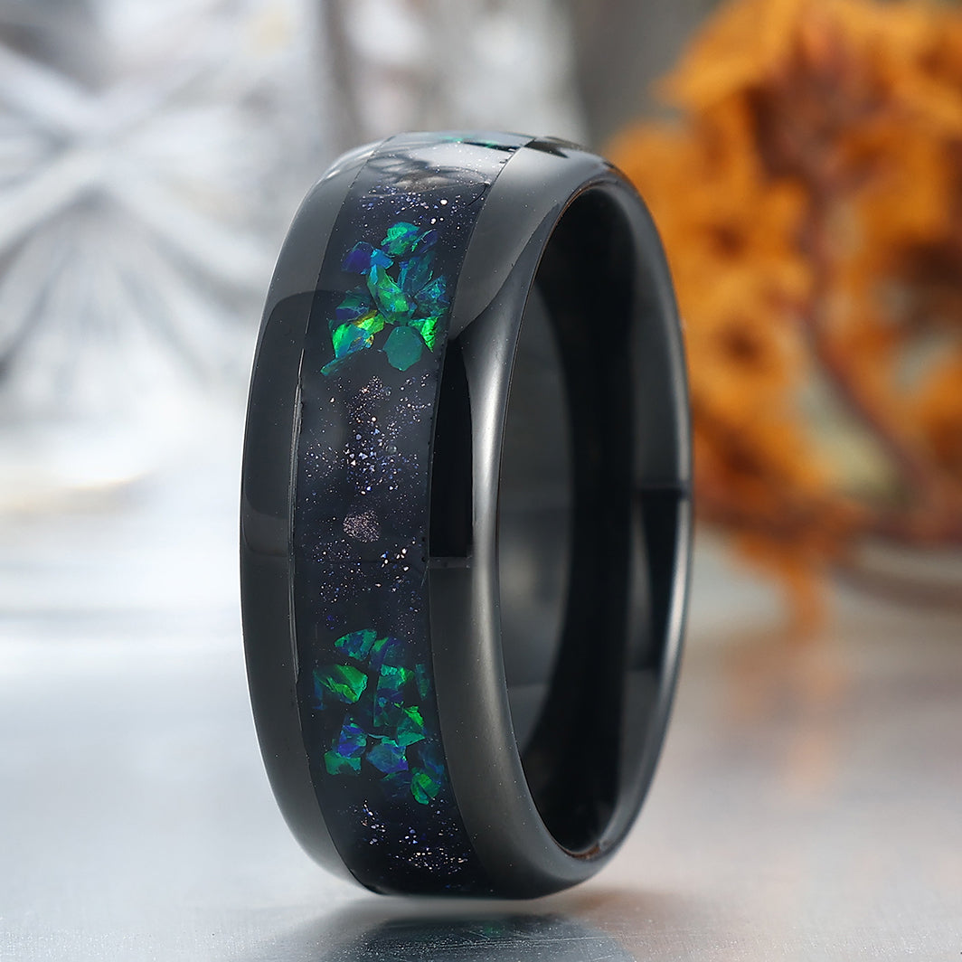 Crushed Blue Sandstone Peacock Green Opal Tungsten Carbide Men's Anniversary Ring Unisex Ring