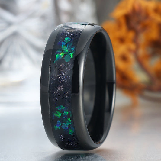 Crushed Blue Sandstone Peacock Green Opal Tungsten Carbide Men's Anniversary Ring Unisex Ring