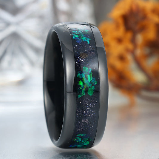 Crushed Blue Sandstone Peacock Green Opal Tungsten Carbide Men's Anniversary Ring Unisex Ring