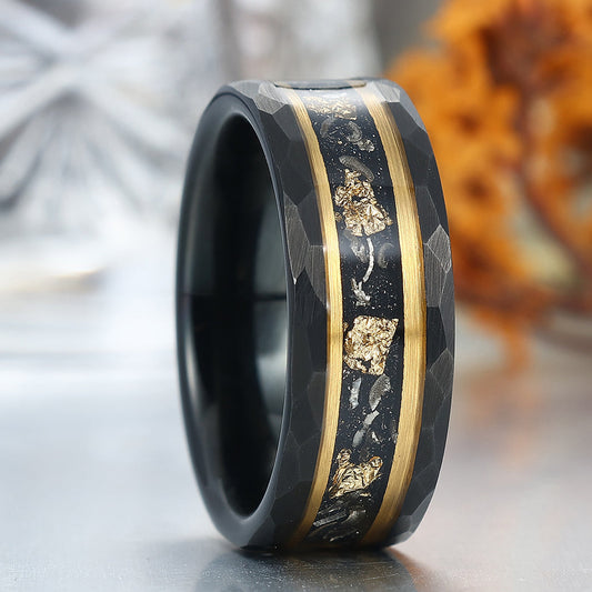 Mature Black Meteorite Gold Foil Men's Tungsten Ring Hammered Anniversary Ring