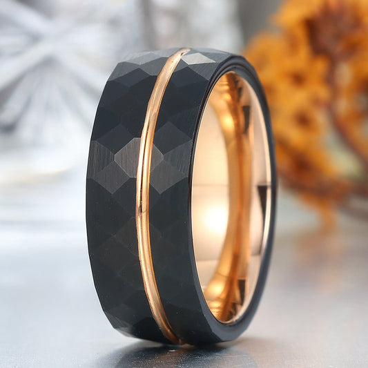 8mm Black Grooved Rhombic Tungsten Wedding Band Rose Gold-plated Inner Men's Band