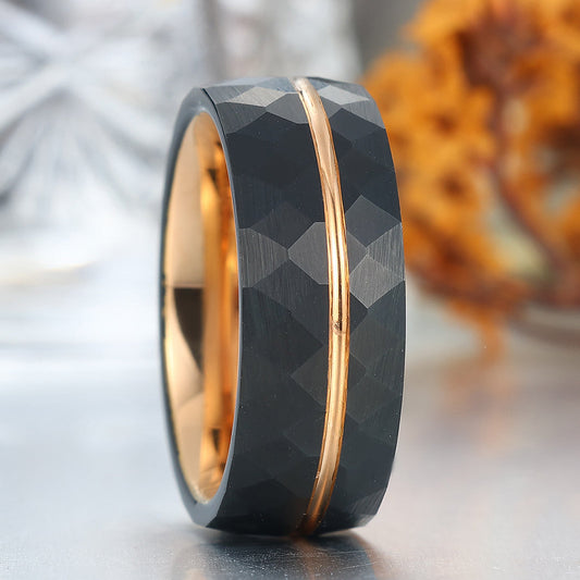 8mm Black Grooved Rhombic Tungsten Wedding Band Rose Gold-plated Inner Men's Band