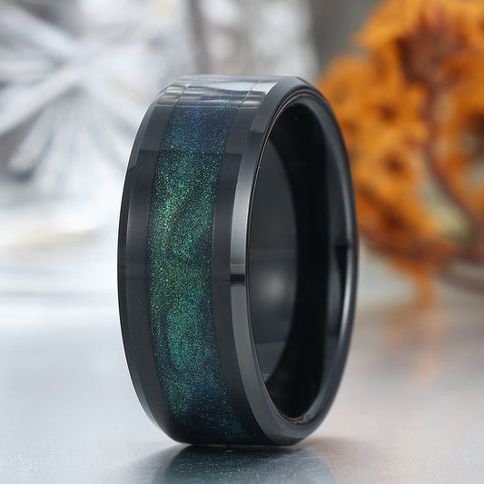 Beveled Edge Teal Quicksand Tungsten Ring Blue And Green Sand Men's Anniversary Band