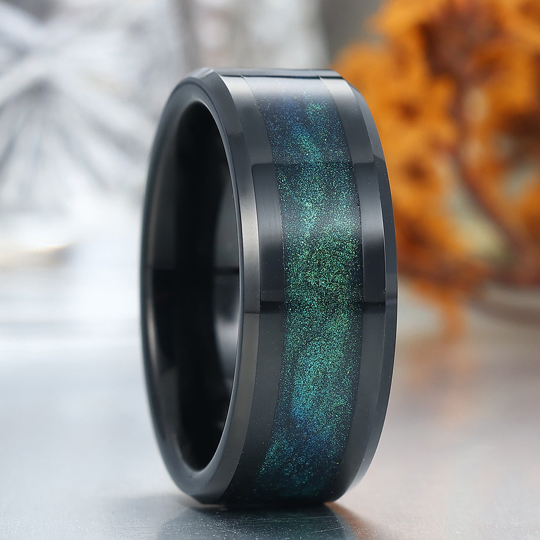 Beveled Edge Teal Quicksand Tungsten Ring Blue And Green Sand Men's Anniversary Band